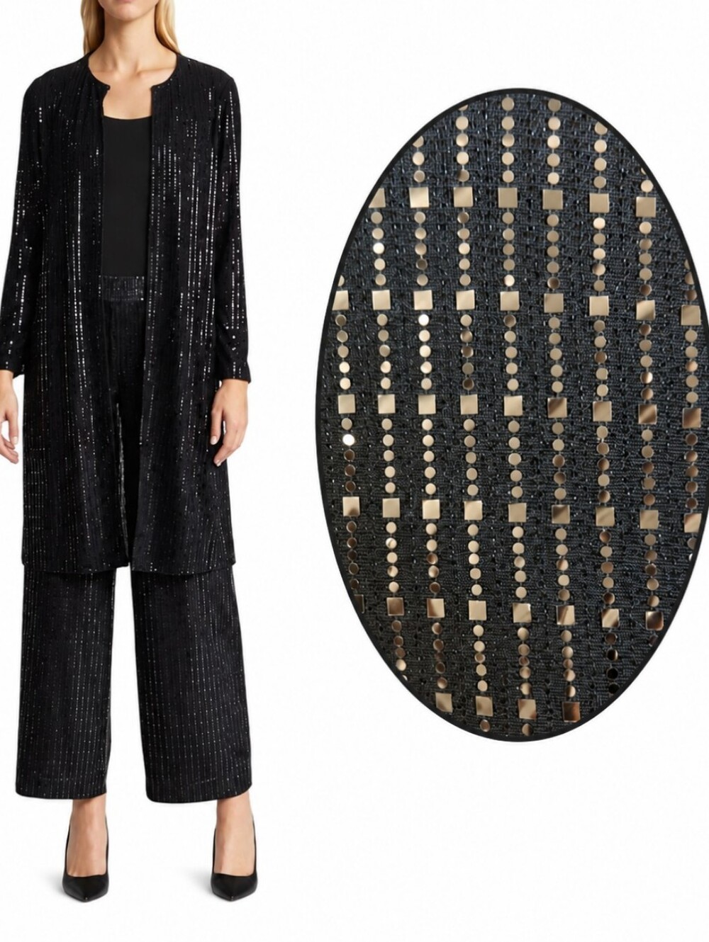Anne Klein Black Linear Silver  Sequin Glam Party shimmery Chic Long Duster Sz S